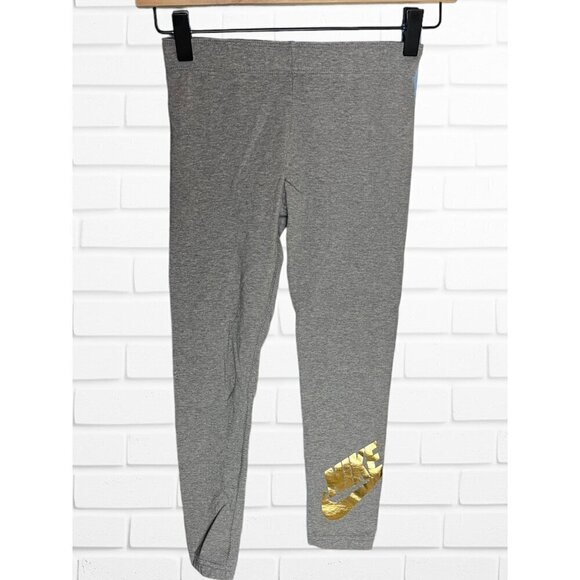 Nike Kid's Size S Cotton Lounge Legging Gray And Gold Foil Swoosh Casual Basic - Picture 1 of 4